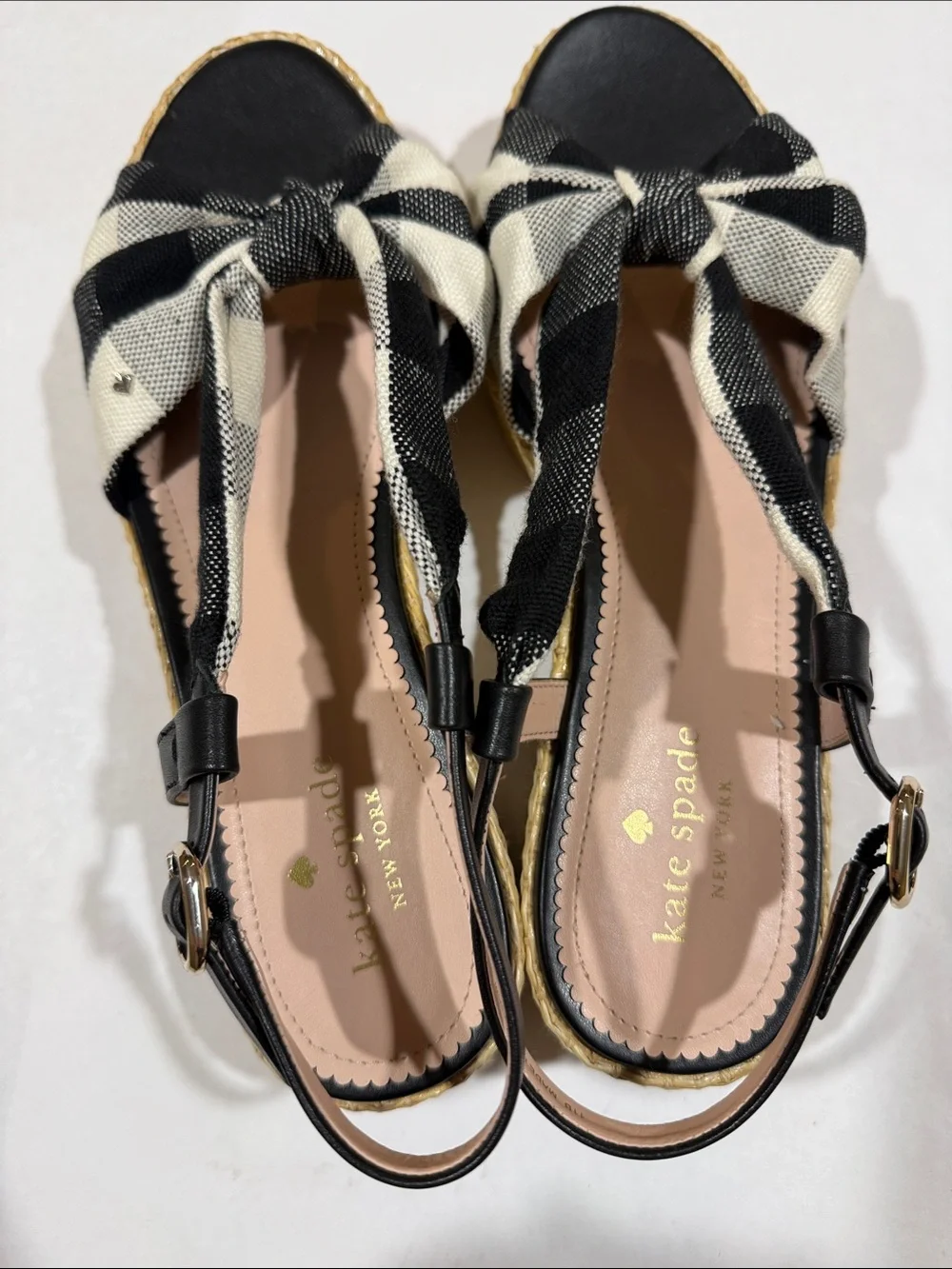 kate spade Betsy Black Crm Gingham Plaid Knot Espadrille Flatform Sandal NWT 11